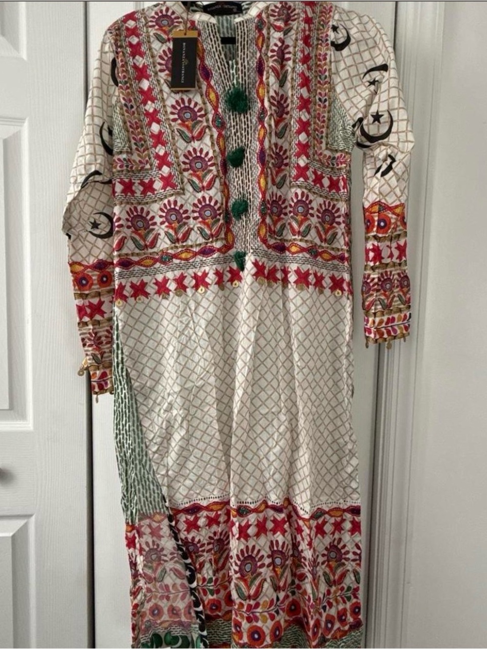 Embroidered White Multicolor Long Women's Dress